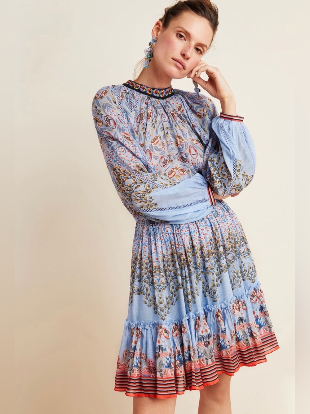 Anthropologie - Bhanuni By Jyoti Light Blue Floral Boho Tunic Dress